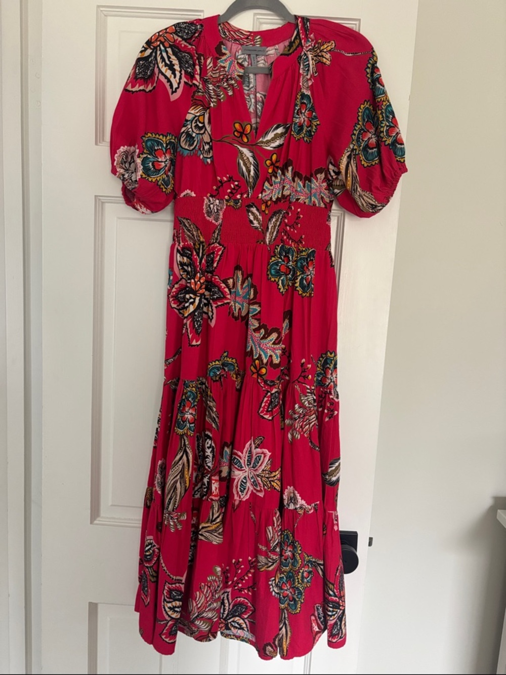 Anthropologie Bright Pink Floral Maxi Dress with Puff Sleeves